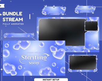 Bubble Hearts Animated Stream Overlay Package for Twitch, Blue Stream Animated, Cute Stream Twitch, Heart Bubble Overlay, Streaming Assets