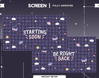 Bewolkte sterren geanimeerd stroomscherm twitch, ruimte-overlay, geruite twitch-overlay, pastelkleur geanimeerd twitch-scherm, planeet, wolk, ufo