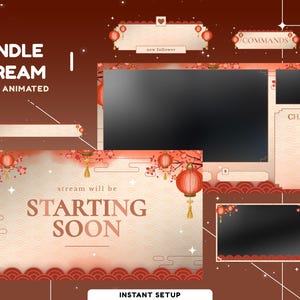 May include: A fully animated stream bundle with a red and gold theme. The design includes a main display, chat box, and other elements with Chinese lantern and floral motifs. Text includes "BUNDLE STREAM", "STARTING SOON", "COMMANDS", and "CHAT".