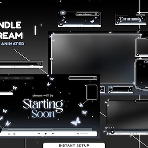 Op de afbeelding: Een digitaal grafisch ontwerp-pakket voor streaming, met een donker thema en witte accenten, inclusief vlinderillustraties. Het ontwerp bevat geanimeerde elementen, een "Starting Soon"-scherm en overlay-componenten zoals chat- en commando-secties. Tekst bevat "BUNDLE STREAM FULLY ANIMATED" en "INSTANT SETUP".