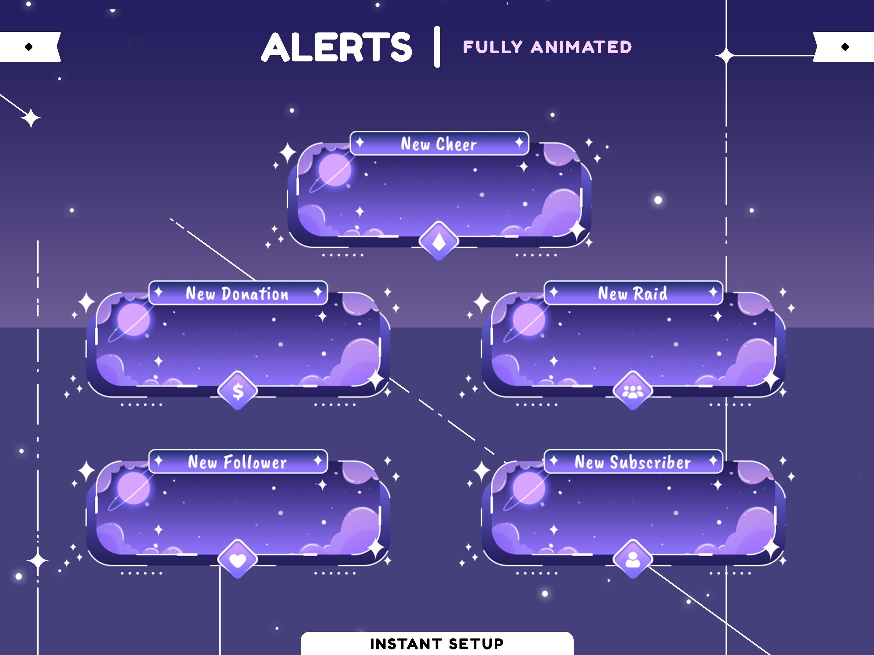 Moonlit Animated Stream Alert Package | Galaxy Theme | Vtuber Overlay | Panel | Transition | Alert | Kawaii | Cute | Pastel Color | Purple