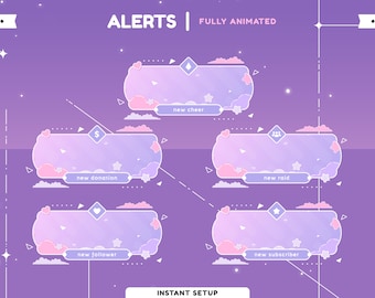 Cloud Dream Animated Stream Alert Package, Galaxy Theme Vtuber Overlay, Kawaii Alert Stream, Pastel Color Pink Vtuber Overlay, Cute Alert