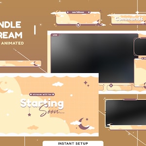 Puede incluir: Un conjunto de superposiciones de transmisión de Twitch animadas con un tema de luna y estrellas. Las superposiciones incluyen una pantalla de inicio pronto, una alerta de nuevo seguidor, un cuadro de chat y una lista de comandos. Las superposiciones están en un esquema de color amarillo claro y marrón.