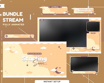 Yellow Cute Moon Animated Overlay Package for Twitch,Youtube, Overlay Yellow Kawaii, Pastel Calm Color, Moon Cloud, Panel, Alert, Transition
