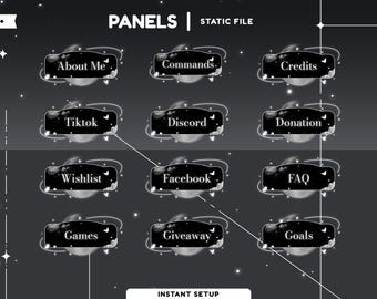 Starglint Static Stream Panel Paket, Schwarz Schmetterlinge Stream Panels, Schwarz Weiß Twitch Panels, Mond Overlay Design, Ästhetischer Stream Overlay