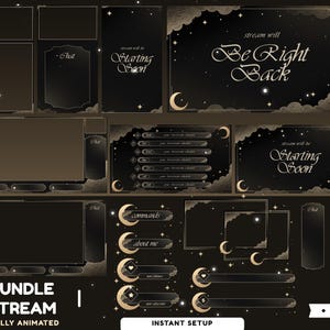 May include: A digital streaming overlay bundle with a celestial theme. The design features a dark background with gold accents, stars, moons, and clouds. Text includes "Starting Soon" and "Be Right Back".