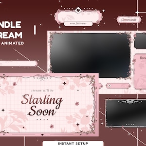 Pacote de sobreposição animada de charme floral, sobreposição de transmissão Twitch estética rosa suave, fundo de grade floral, sobreposição Vtuber bonita em rosa
