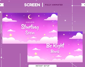 Animowany ekran transmisji Twinkle Night, różowo-fioletowa nakładka, księżyc i chmury, nakładka „Gwieździsta noc”, pastelowa nakładka Twitch, urocze ustawienia transmisji strumieniowej