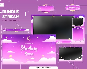 Pakiet animowanych nakładek Twinkle Night, różowo-fioletowa nakładka Twitch, nakładka z księżycowymi chmurami, nakładka z rozgwieżdżonym niebem, nocne niebo, estetyka kawaii