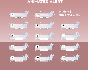 May include: Animated alert graphics with a pastel color scheme. Each graphic features a rectangular bar with a bunny illustration and text labels like "superchat," "new follower," and "like." The text "ANIMATED ALERT" and "14 Alert | PNG & Webm File" are also visible.
