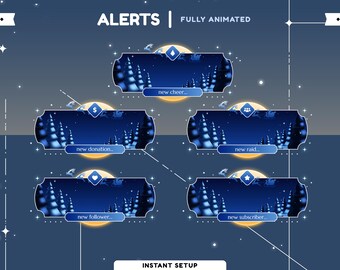 Winter Moon Animated Stream Alert Package, Blue Night Overlay, Christmas Stream Twitch, Winter Stream Vtuber, Moonlight Stream Design