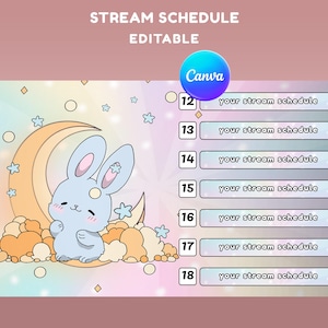 ストリーマー向けスターバニー配信スケジュールオーバーレイ – パステルカラーのTwitchスケジュール、かわいい青いウサギのイラスト、月と雲をテーマにしたオーバーレイ