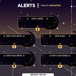 Celestial Nocturne Animated Stream Alert Package | Galaxy Theme | Vtuber Overlay |Transition | Alert | Moon Pack | Dark Color | Black Gold