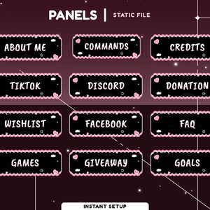May include: A set of black panels with pink scalloped edges and white text. The panels include labels such as "About Me", "Commands", "Credits", "TikTok", "Discord", "Donation", "Wishlist", "Facebook", "FAQ", "Games", "Giveaway", and "Goals".