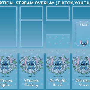 May include: A vertical stream overlay design for TikTok and YouTube. The design features a light blue background with various frames and panels. The design includes the character Stitch, floral elements, and text such as "Stream Offline" and "Chat".