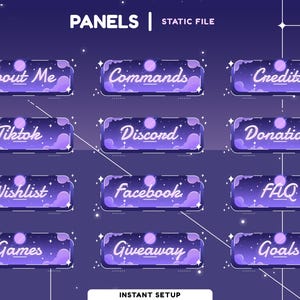 Moonlit Static Stream Panel Pack | Galaxy Theme | Vtuber Overlay | Panel | Transition | Alert | Kawaii | Cute | Pastel Color | Calm |Purple