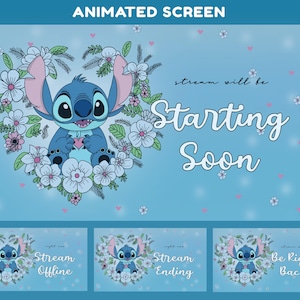 May include: Animated screen with Stitch character surrounded by flowers, with the text "Starting Soon". Additional screens display "Stream Offline", "Stream Ending", and "Be Right Back". The background is light blue with small hearts and flowers.