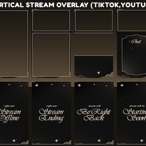 May include: A digital stream overlay set for TikTok and YouTube, featuring a dark color scheme with gold accents. The set includes various screens: "Stream Offline," "Stream Ending," "Be Right Back," and "Starting Soon," along with chat and video display frames.