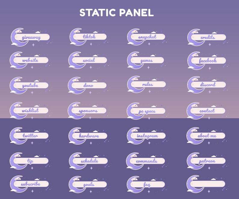 K&ouml;nnte beinhalten: Eine Sammlung von 20 statischen Panel-Grafiken f&uuml;r Streaming-Plattformen. Jedes Panel zeigt ein Mond-Design in Lila und Wei&szlig; mit Textbeschriftungen wie "giveaway", "youtube" und "subscribe". Der Text "STATIC PANEL" befindet sich oben.