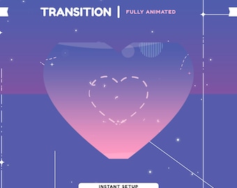 Puede incluir: Un gráfico digital con un diseño en forma de corazón, con un degradado de tonos rosas y morados. La palabra "TRANSITION" está en la parte superior, con "FULLY ANIMATED" al lado. La frase "INSTANT SETUP" está en la parte inferior.