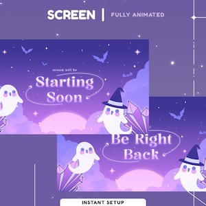 May include: A fully animated screen design with a purple and pink gradient background. The design features cartoon ghosts, bats, crystals, and the text "Starting Soon" and "Be Right Back". The design is for instant setup.