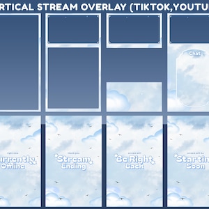 May include: A digital stream overlay template with a blue and white cloud theme. The design includes frames for video and chat, plus screens with text: "Currently Offline," "Stream Ending," "Be Right Back," and "Starting Soon."