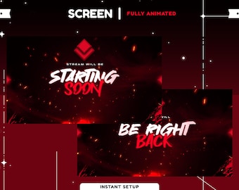 Pode incluir: Uma sobreposição de tela totalmente animada com um fundo vermelho e preto. Os textos "SCREEN" e "FULLY ANIMATED" estão no topo. As palavras "STREAM WILL BE STARTING SOON" e "BE RIGHT BACK" são exibidas em branco e vermelho.