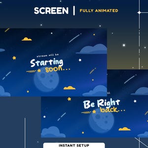Night Skylight Animated Stream Screen |  Galaxy Theme | Vtuber Overlay | Panel | Transition | Alert | Kawaii | Dark Color | Blue | Yellow