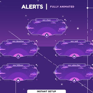 Cloud Night Animated Stream Alert Package, Galaxy Theme Vtuber Overlay, Cute Kawaii Overlay, Pastel Color Purple, Moon Cloud Stream Overlay