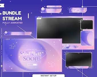 May include: A purple and pink animated stream overlay with a "Bundle Stream" title and a "Starting Soon" message. The overlay includes a live stream window, a chat window, and a new follower notification.