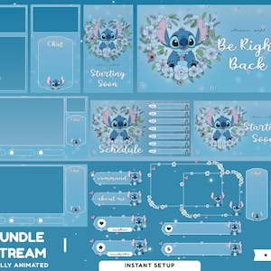 Op de afbeelding: Een blauwe streaming overlay bundel met het personage Stitch, met bloemaccenten. Inclusief panelen voor chat, schema en meer. Tekst bevat "Starting Soon", "Be Right Back" en "Instant Setup".