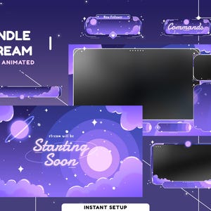 Pacote de sobreposição animada Moonlit | Tema Galaxy | Sobreposição Vtuber | Painel | Transição | Alerta | Kawaii | Fofo | Cor pastel | Calmo | Roxo