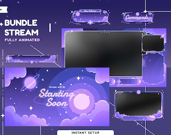 May include: A purple and blue animated Twitch stream overlay with a space theme. The overlay includes a starting soon screen, a new follower alert, a command screen, and a chat screen. The text "stream will be starting soon" is displayed on the starting soon screen.