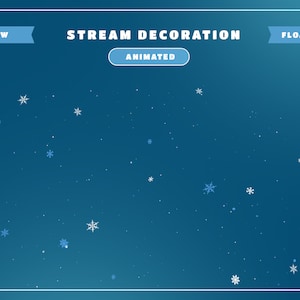 Może przedstawiać: Animowane niebieskie tło z opadającymi białymi płatkami śniegu. Tekst "STREAM DECORATION" znajduje się w górnej części obrazu, a słowo "ANIMATED" w niebieskim prostokącie poniżej. Tekst "SNOW" znajduje się na niebieskiej wstążce po lewej stronie obrazu, a tekst "FLOATING" na niebieskiej wstążce po prawej stronie obrazu.