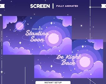 Moonlit Animated Stream Screen | Galaxy Theme | Vtuber Overlay | Panel | Transition | Alert | Kawaii | Cute | Pastel Color | Calm | Purple