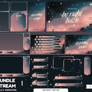 Puede incluir: Un paquete de transmisión totalmente animado con un tema celestial. El diseño presenta un degradado de rosa, azul y morado con estrellas y nubes. Incluye superposiciones para "starting soon", "be right back" y chat.