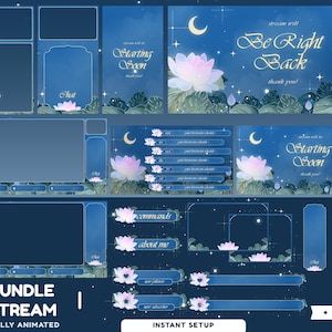 Puede incluir: Un paquete de superposiciones para streaming digital con un tema de cielo nocturno azul oscuro, flores de loto brillantes, lunas crecientes y estrellas. Incluye varios marcos, paneles y pantallas con texto como Starting Soon, Be Right Back y Chat.