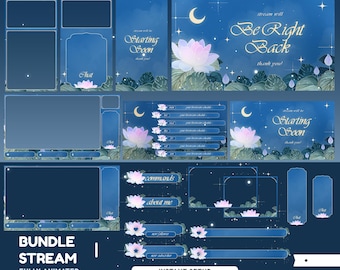Night Lotus Animated Stream Overlay Package, Moonlight Twitch Overlay Bundle, Floral Night Stream, Elegant Blue, Celestial Moon Water Lily