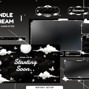Puede incluir: Un paquete de superposiciones de transmisión animada en blanco y negro con un tema de cielo nocturno. La superposición incluye una pantalla de inicio, un cuadro de chat, un cuadro de comandos y una alerta de nuevo seguidor. El texto "BUNDLE STREAM FULLY ANIMATED" está en la parte superior de la imagen. El texto "stream will be Starting Soon.." está en la pantalla de inicio. El texto "Commands" está en el cuadro de comandos. El texto "Chat.." está en el cuadro de chat.