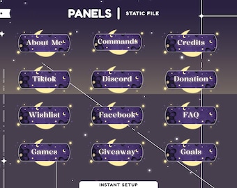 Moonshade Flower Static Stream Panel Paket, Flora Stream, Lila Twitch Panels, Nacht Thema Overlay, Mond Stern Design, Celestial Twitch Panel