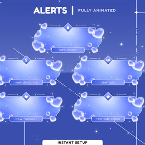 May include: A blue graphic with the word "ALERTS" and "FULLY ANIMATED" at the top. Five animated alert boxes are displayed, each with a unique icon and text such as "new cheer" and "new subscriber". The words "INSTANT SETUP" are at the bottom.