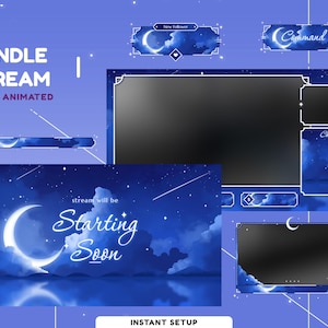 May include: A digital streaming overlay bundle with a celestial theme. The design features a crescent moon, stars, and clouds in shades of blue and white. Text includes "Bundle Stream Fully Animated" and "Starting Soon".