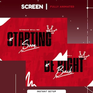 Könnte beinhalten: Animierte Twitch-Stream-Bildschirme in Rot und Weiß, die anzeigen, dass der Stream bald beginnt und der Streamer gleich wieder zurück ist. Der Text lautet "Stream will be starting soon" und "Be right back".