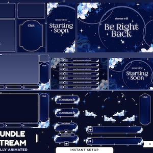 Puede incluir: Un paquete de superposiciones para streaming digital con un tema celestial azul oscuro, acentos florales blancos, estrellas y elementos de texto brillantes que incluyen Starting Soon, Be Right Back, cajas de chat y paneles de notificación.