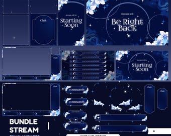 Indigo Serenity Animated Overlay Package, Blue Midnight Floral Stream Overlay, Starry Night Theme, Deep Ocean, Marble Wave Texture, Stars