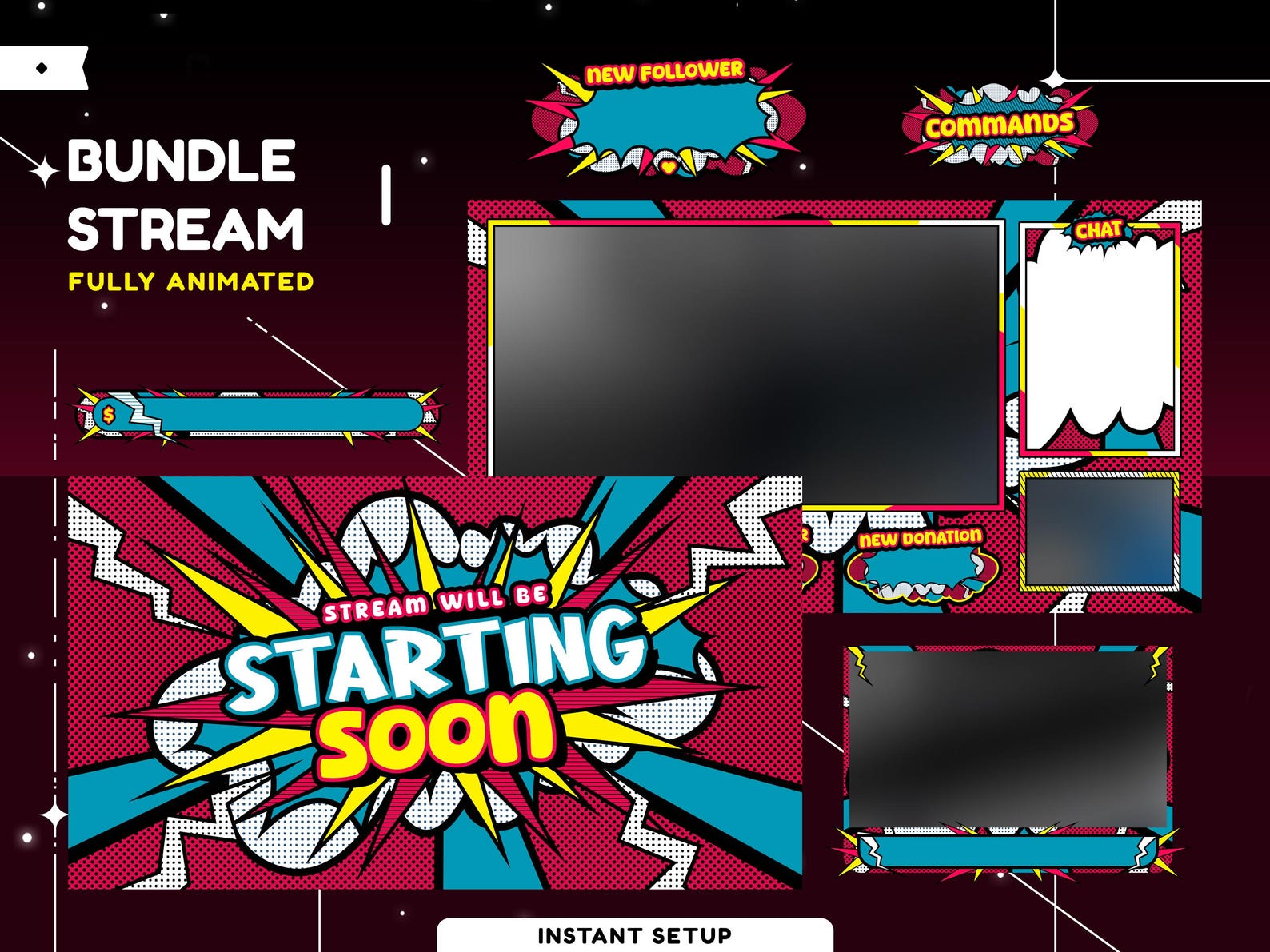 Pop Art Animated Stream Overlay Package for Twitch, Youtube,kick, Comic ...