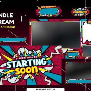 Pop Art Animated Stream Overlay Package for Twitch, Youtube,Kick, Comic Art Overlay Animated, Abstract Theme Twitch Overlay, Cartoon Overlay