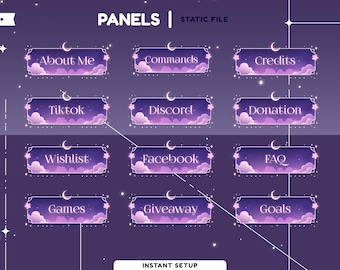 Starglow Wolken Static Stream Panel Paket, Lila Ästhetik, Mond und Sterne, verträumtes Twitch, Nachthimmel Thema, Pastell Lila Design, niedliches Panel