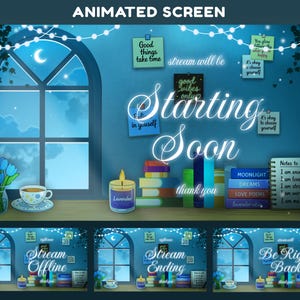 May include: An animated screen graphic featuring a blue room with a window, a vase of blue tulips, a teacup, a lavender candle, and stacks of books. Sticky notes with motivational text and a notebook with self-affirmations are displayed on the wall.