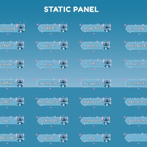May include: A blue background with the words "STATIC PANEL" at the top. The image features various social media and website icons, each with a Stitch character. The icons include "giveaway," "tiktok," "snapchat," "credits," "website," and more.
